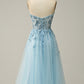 A Line Midi Sweetheart Sequins Sky Blue Prom Dress Off Shoulder Beautiful