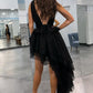 Black V Neck Irregular Hem A-Line Prom Dresses Short Sexy Party Dress