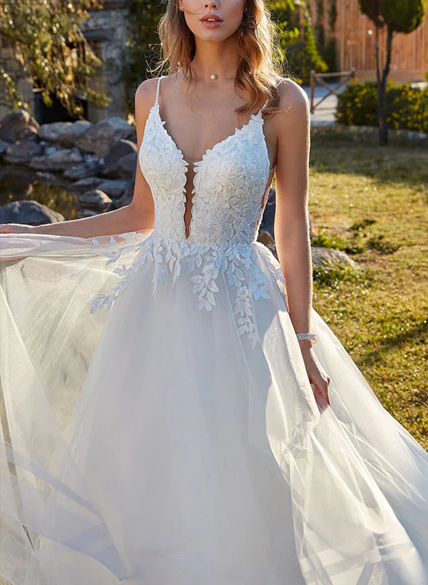 Sweetheart Sleeveless Sweep Train Tulle Wedding Dresses With Lace Floor Length