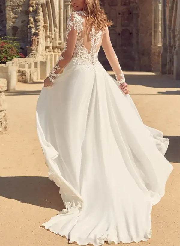 Elegant A-Line V-Neck Wedding Dresses With Long Sleeves And Split Front Floor Length