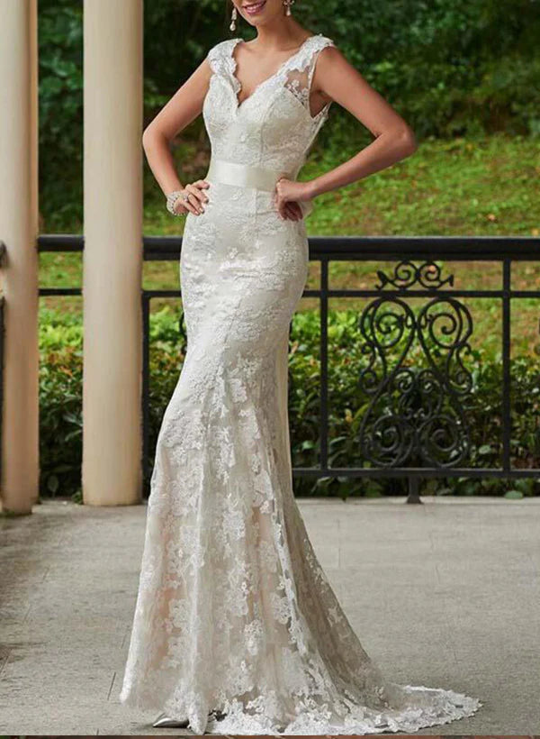 Lace Sheath/Column V-Neck Wedding Dresses With Bow(S) Sweep Train Sleeveless Elegant