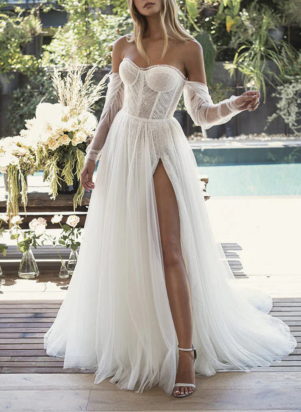 Sweetheart Tulle Wedding Dress With Split Front Off Shoulder Floor Length With Sleeves