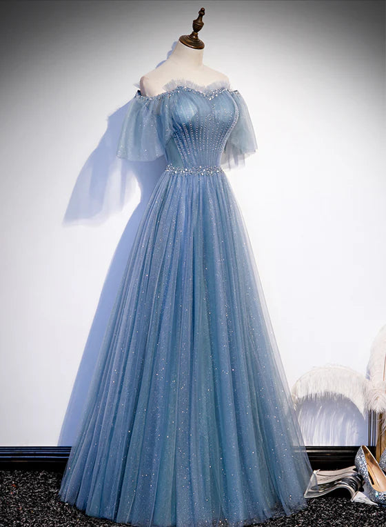 Charming Light Blue Tulle Puffy Sleeves Floor Length Party Dress A-line Pricess Gowns Prom Dress Sparkly