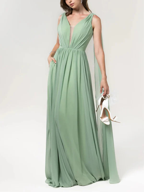 A-Line/Princess V-Neck Floor-Length Chiffon Bridesmaid Dresses Wedding Guest Dresses Party Dress