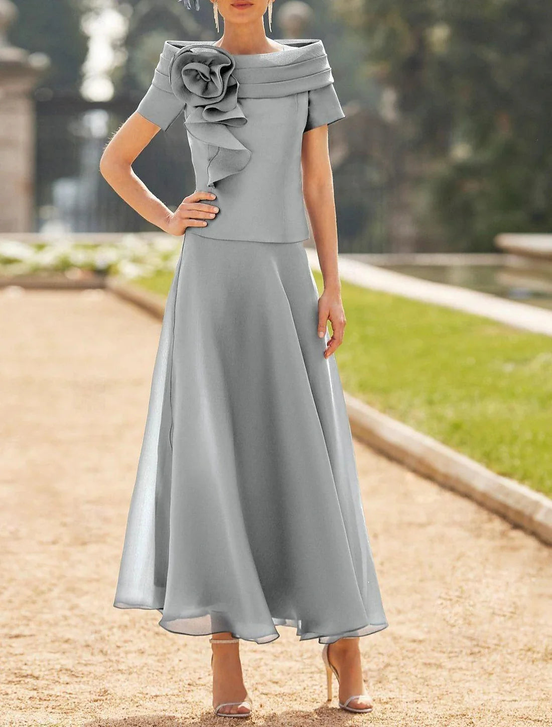 A-Line Ankle Length Organza with Ruffles Flower Mother of the Bride Dress Off Shoulder Wedding Guest Dress Elegant