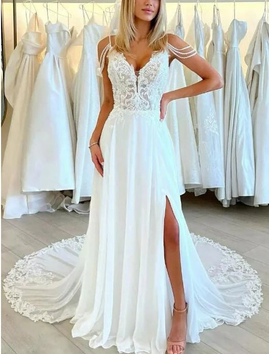 Boho Lace Open Back Wedding Dresses With Slit Floor Length Sexy with Appliques
