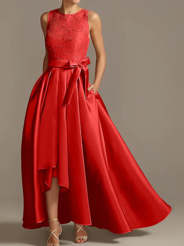 A-line/Princess collar sleeveless pleated lace mother of the bride dress Evening Dresses With Bow