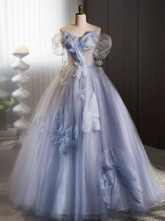 Glitter A-Line Off Shoulder Tulle Flower Quinceanera Dress Blue Long Prom Dress Beautiful