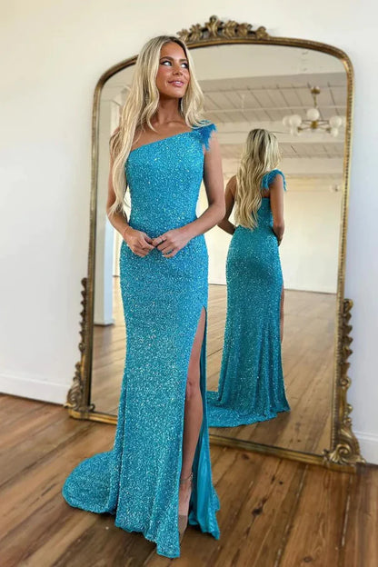 Sparkly Mermaid One Shoulder Blue Sequins Long Prom Dresses Evening Dress With Slit