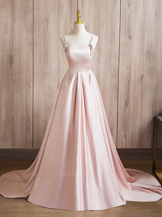 A-Line Satin Pink Long Prom Dress Long Formal Dress Floor Length Evening Dress