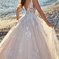A-Line V-Neck Sweep Train Tulle Bridal Gown Floor Length Wedding Dress with Appliques
