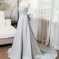 A-Line Sweetheart Neck Satin Gray Long Prom Dress Formal Dress Evening Dress With Bow(s)