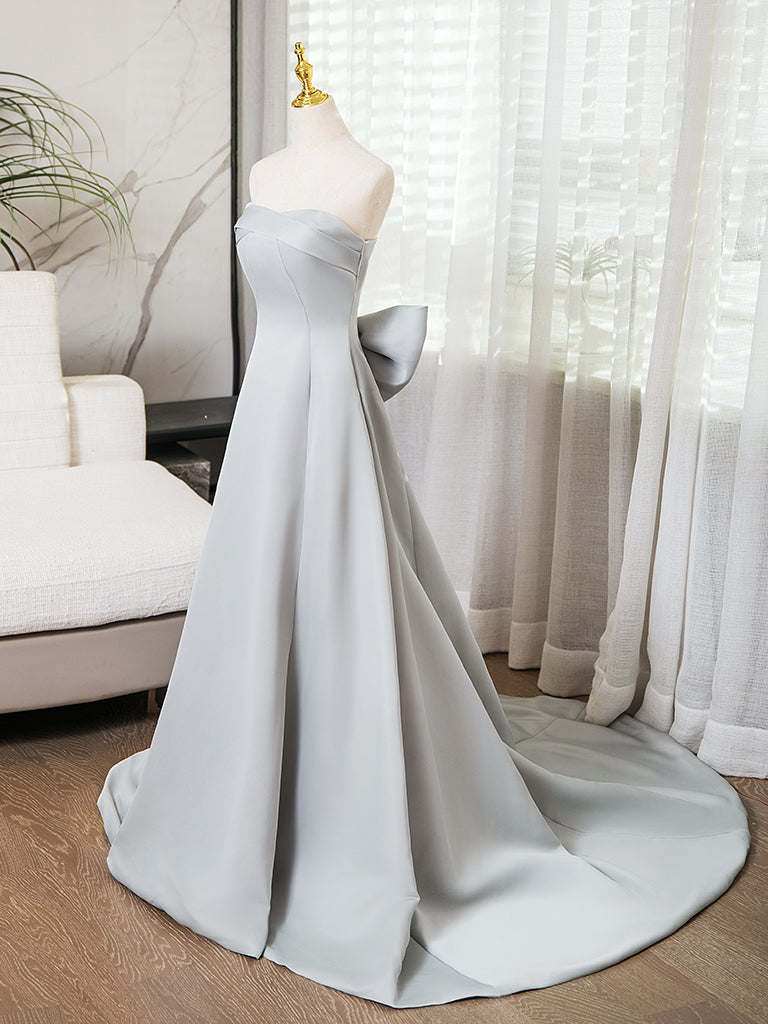 A-Line Sweetheart Neck Satin Gray Long Prom Dress Formal Dress Evening Dress With Bow(s)