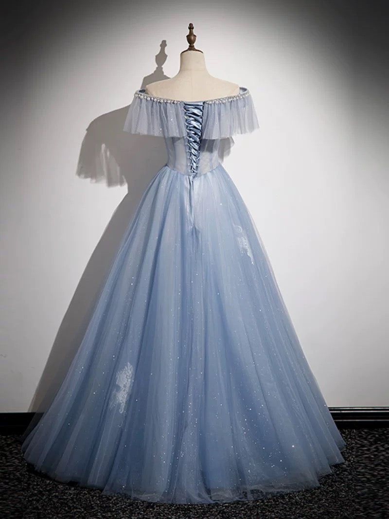 A-Line Off Shoulder Tulle Blue Long Prom Dress Long Formal Dress Floor Length Beautiful