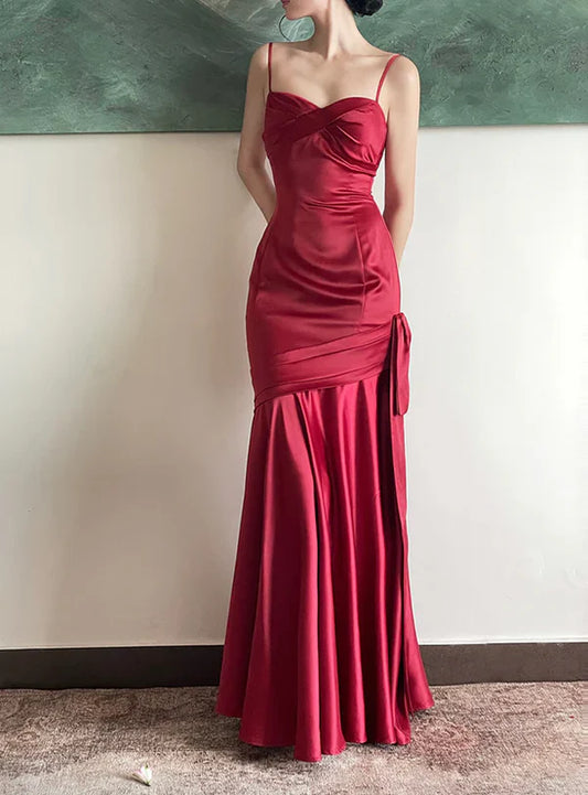 Wine Red Satin Sweetheart Straps Prom Dress Wine Red Long Evening Dress Party Dress