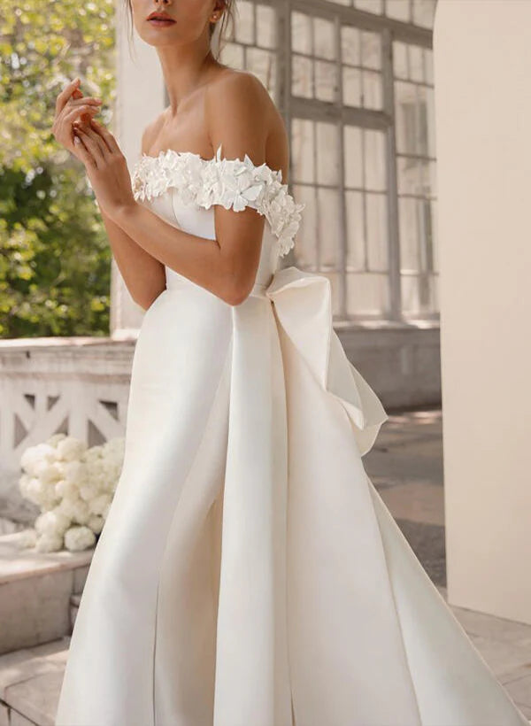 Off The Shoulder Satin Court Train Wedding Dress Trumpet/Mermaid With Appliques Lace With Flowers