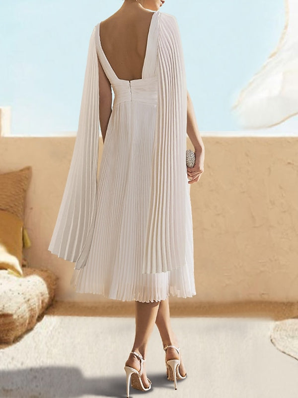 A-Line/Princess V-Neck Floor-Length Tea-Length Cocktail Dress With Watteau Train Elegant