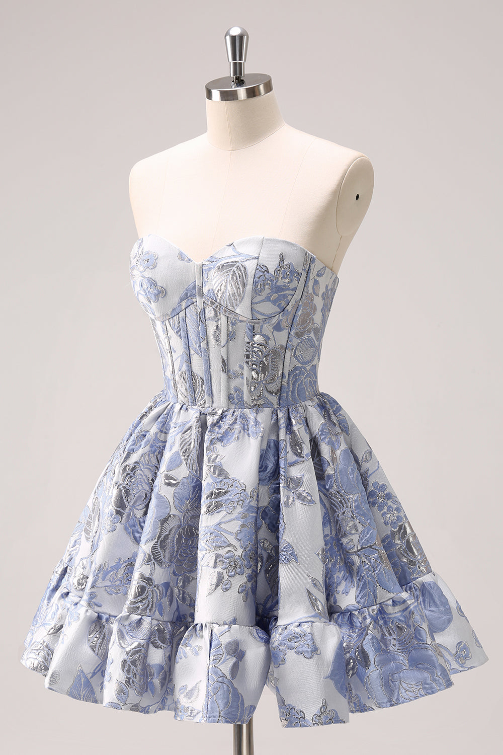 A Line Blue Corset Strapless Ruffles Floral Short Homecoming Dress Sexy Party Dress