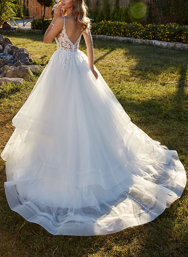 Sweetheart Sleeveless Sweep Train Tulle Wedding Dresses With Lace Floor Length