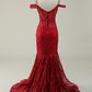 Burgundy Mermaid Cold Shoulder Long Prom Dress V-neck Sexy