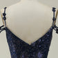 Navy A Line Cold Shoulder Long Prom Dress V-neck Sexy Sparkly
