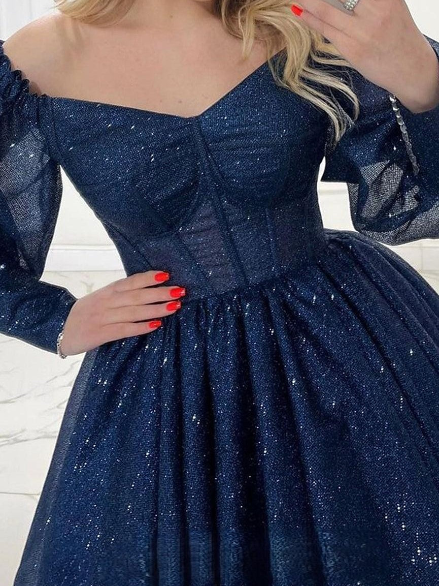 A Line/Princess V-Neck Long Sleeves Short/Mini Party Cocktail Homecoming Dress With Glitter Sparkly