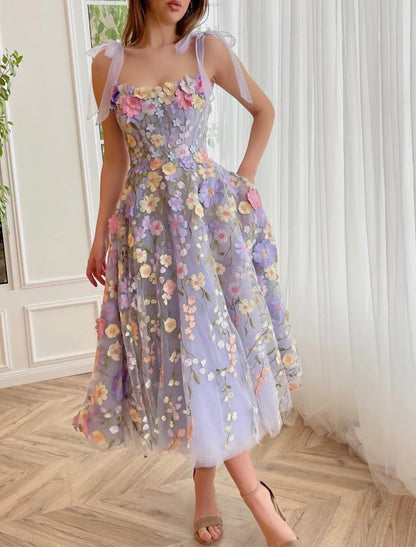 A-Line Cocktail Dresses Corsets Dress Wedding Guest Summer Tea Length Sleeveless Scoop Neck Bridesmaid Dress Tulle with Flowers