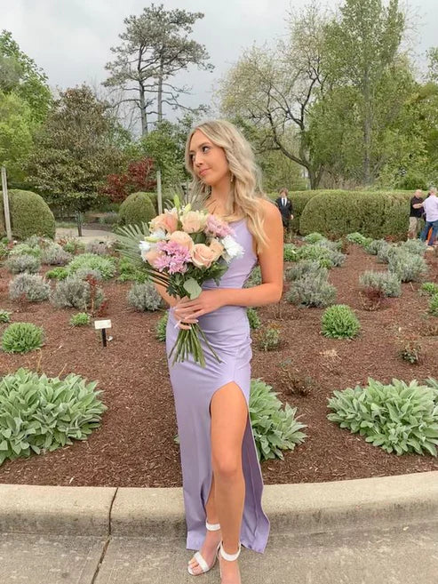 Light Purple Side Slit Satin Prom Dress Long Party Dress Evening Dress Formal Dress