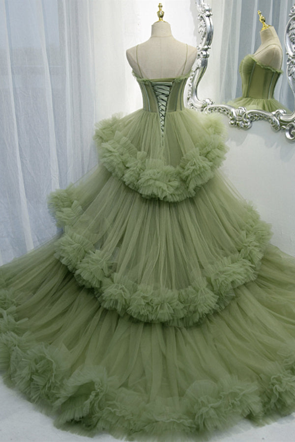 A-line Sweetheat Pleated Tulle Prom Dress Green Floor Length Beautiful