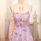 A Line Spaghetti Straps Front Slit Tulle Applique Long Prom Dress With Embroidery With Flowers