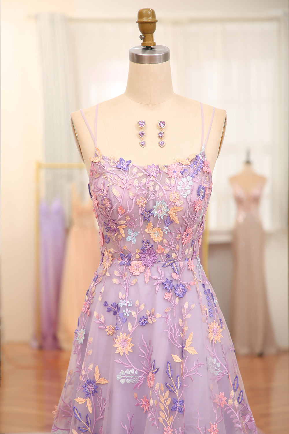 A Line Spaghetti Straps Front Slit Tulle Applique Long Prom Dress With Embroidery With Flowers