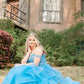 Blue Off the Shoulder Ruffle Tiered Tulle Long Prom Dresses with Appliques Beautiful