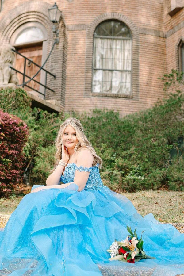 Blue Off the Shoulder Ruffle Tiered Tulle Long Prom Dresses with Appliques Beautiful