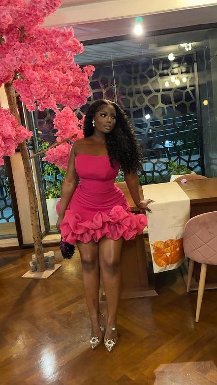 Fuchsia Strapless Sheath Black Girl Short Party Dress Off Shoulder Homecoming Dress Formal Dress
