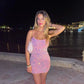 Shiny Pink Spaghetti Straps Sheath Homecoming Dress Sexy Party Dress