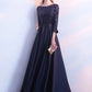 A-Line Glittering Elegant Prom Formal Evening Dress Jewel Neck 3/4 Length Sleeve Floor Length Satin