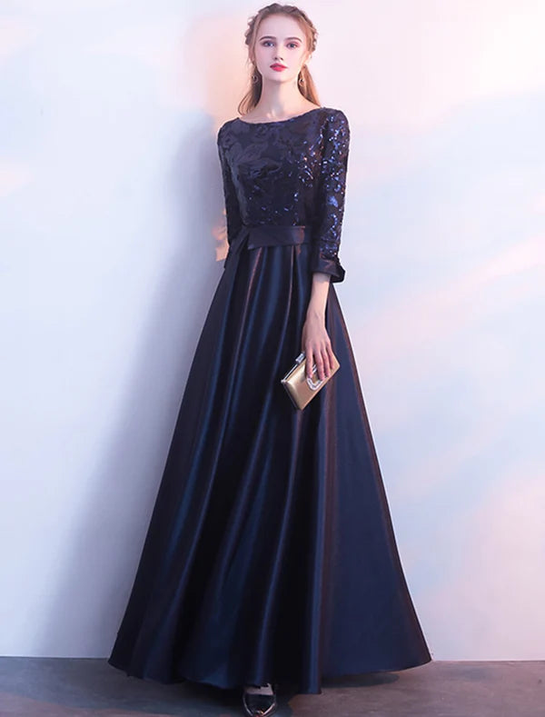 A-Line Glittering Elegant Prom Formal Evening Dress Jewel Neck 3/4 Length Sleeve Floor Length Satin