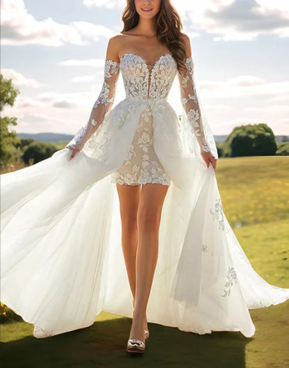 Sweetheart Long Sleeves Lace Wedding Dresses With Detachable Train Off Shoulder Beautiful