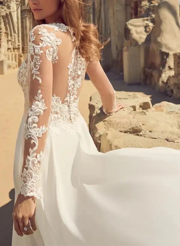 Elegant A-Line V-Neck Wedding Dresses With Long Sleeves And Split Front Floor Length