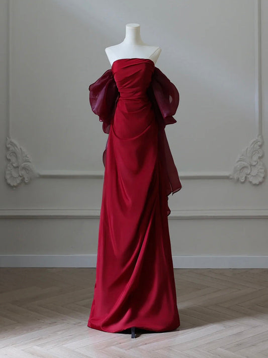 Simple Satin Burgundy Long Prom Dress Evening Dress Floor Length Elegant