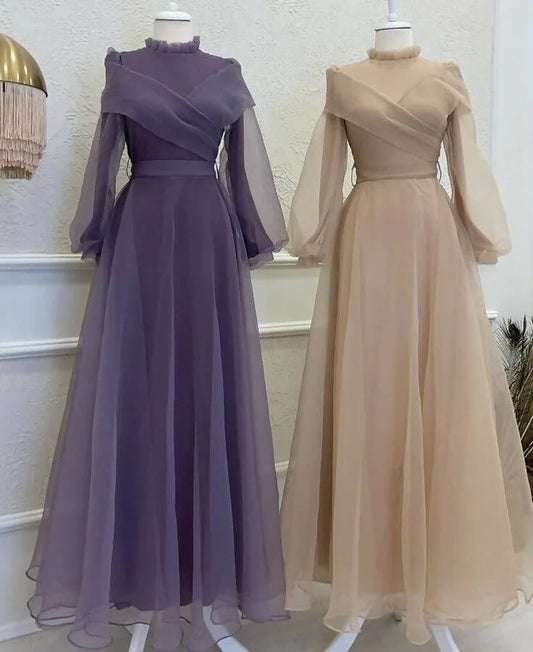 Modest Dusty Purple Chiffon Long Sleeves A-Line Formal Party Dress Elegant Evening Dress