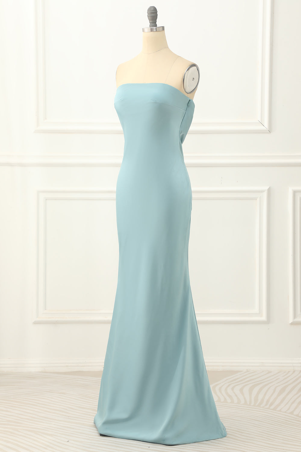 Blue Strapless Sheath Satin Prom Dress Off Shoulder Bridesmaid Dress Party Dress