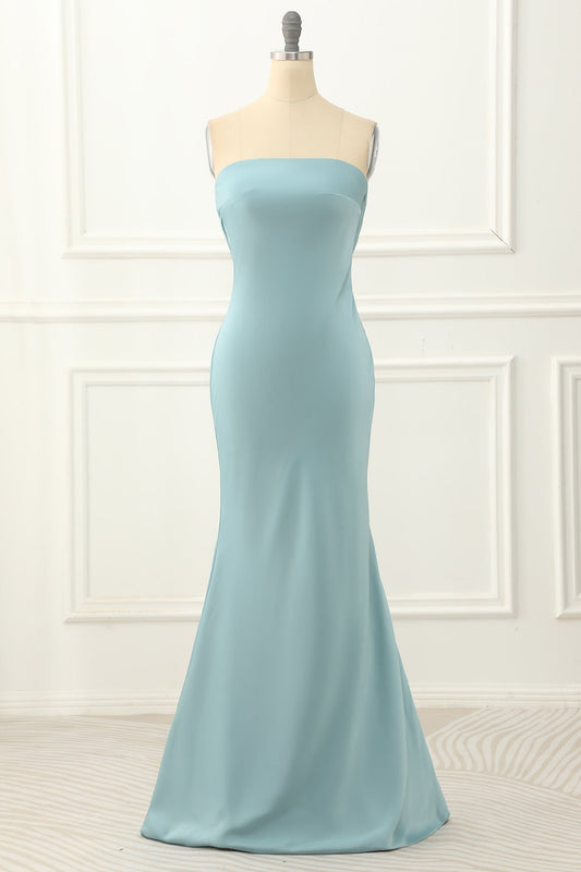 Blue Strapless Sheath Satin Prom Dress Off Shoulder Bridesmaid Dress Party Dress