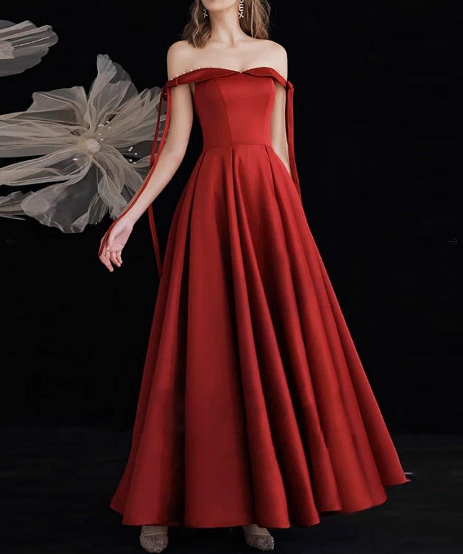 A-Line Off Shoulder Satin Burgundy Long Prom Dress Formal Dress Elegant Evening Dress