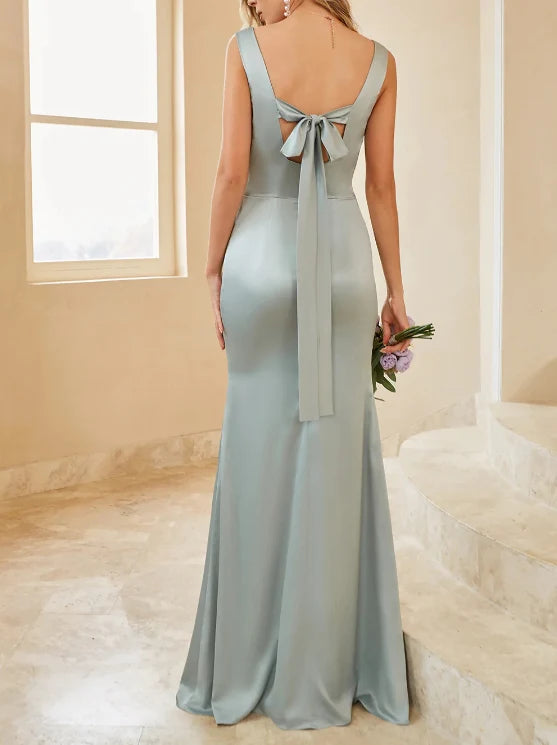 Light Green Satin Bridesmaid Dress with Slit Wedding Guest Dress Sleeveless Party Dress