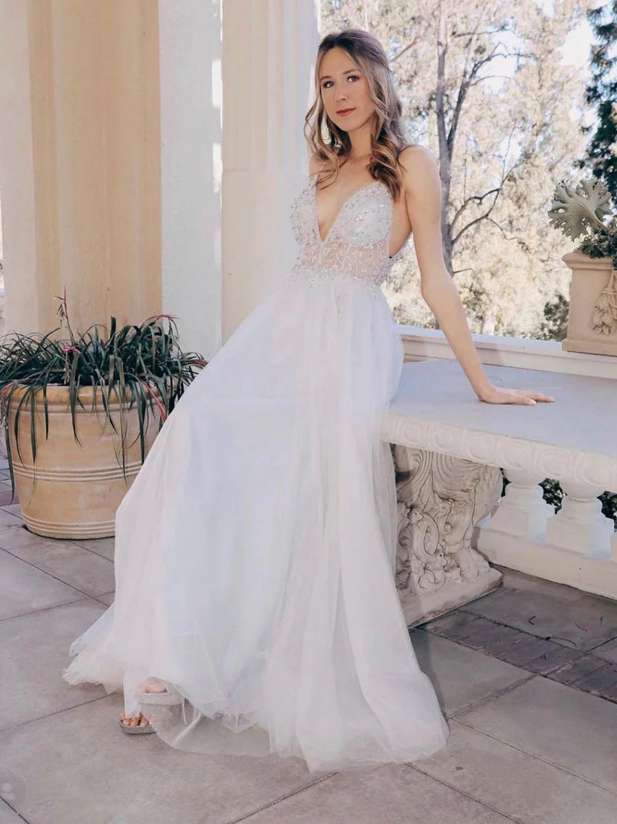 Gray v neck tulle long prom dress long evening dress A Line Formal Dress december wedding guest dress