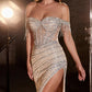 Sparkling Off Shoulder Tulle Gown Prom Dress Slit with Sweep Train Sexy Evening Dress