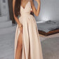 Long Sexy Bridesmaid Dresses V Neck Split A-Line Satin Evening Dresses Party Dress