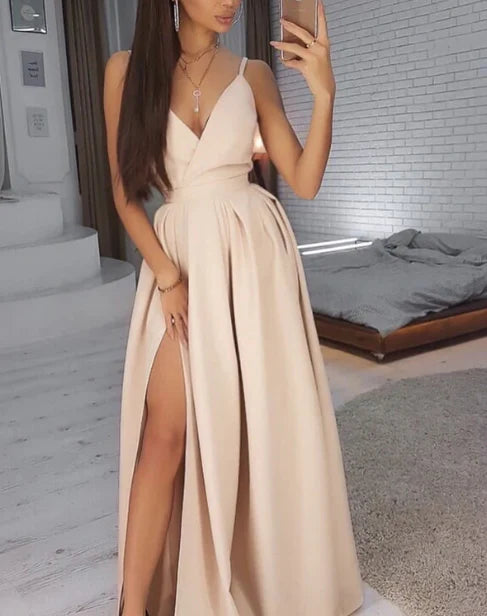 Long Sexy Bridesmaid Dresses V Neck Split A-Line Satin Evening Dresses Party Dress