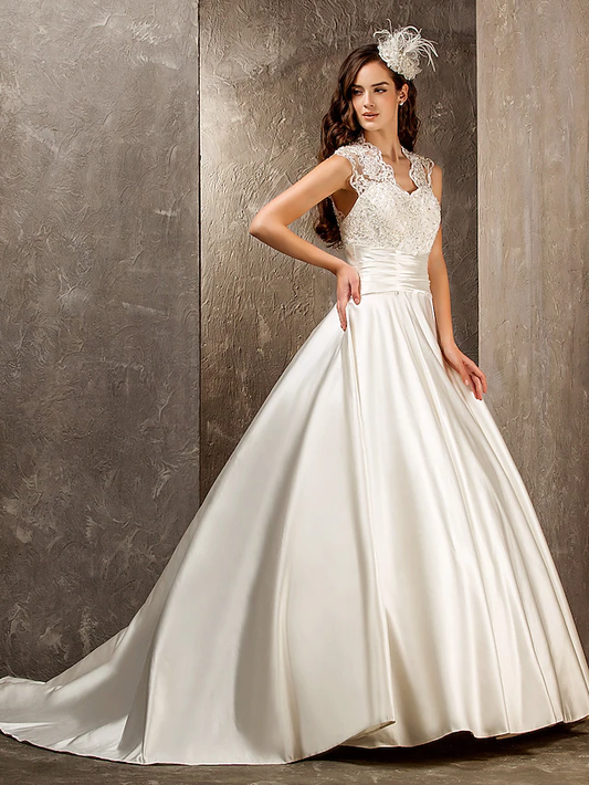 A-Line Wedding Dresses Queen Anne Lace Satin Sleeveless See-Through with Sash Ribbon Beading